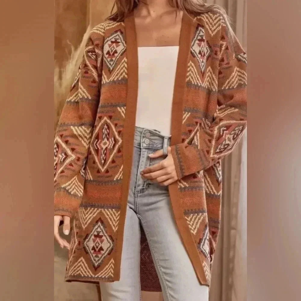 Savanna Jane Women’s Aztec Duster Topper Long Sweater Black Copper Size Small - Picture 7 of 13